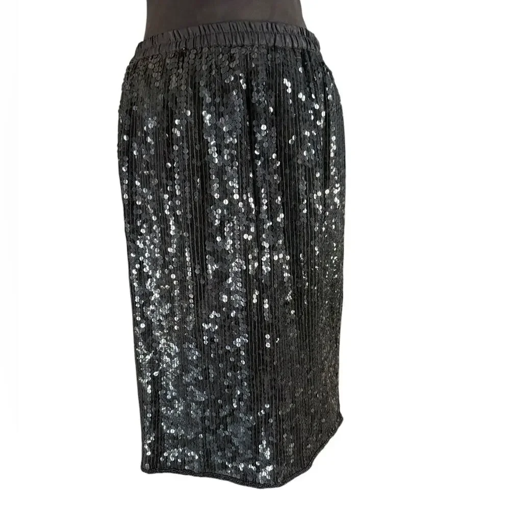 Vintage Albert Paul Black Sequin Silk Pencil Skirt Womens Sz M Knee Length Glam